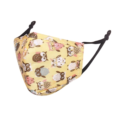 A yellow reusable face mask for children with an owl themed design